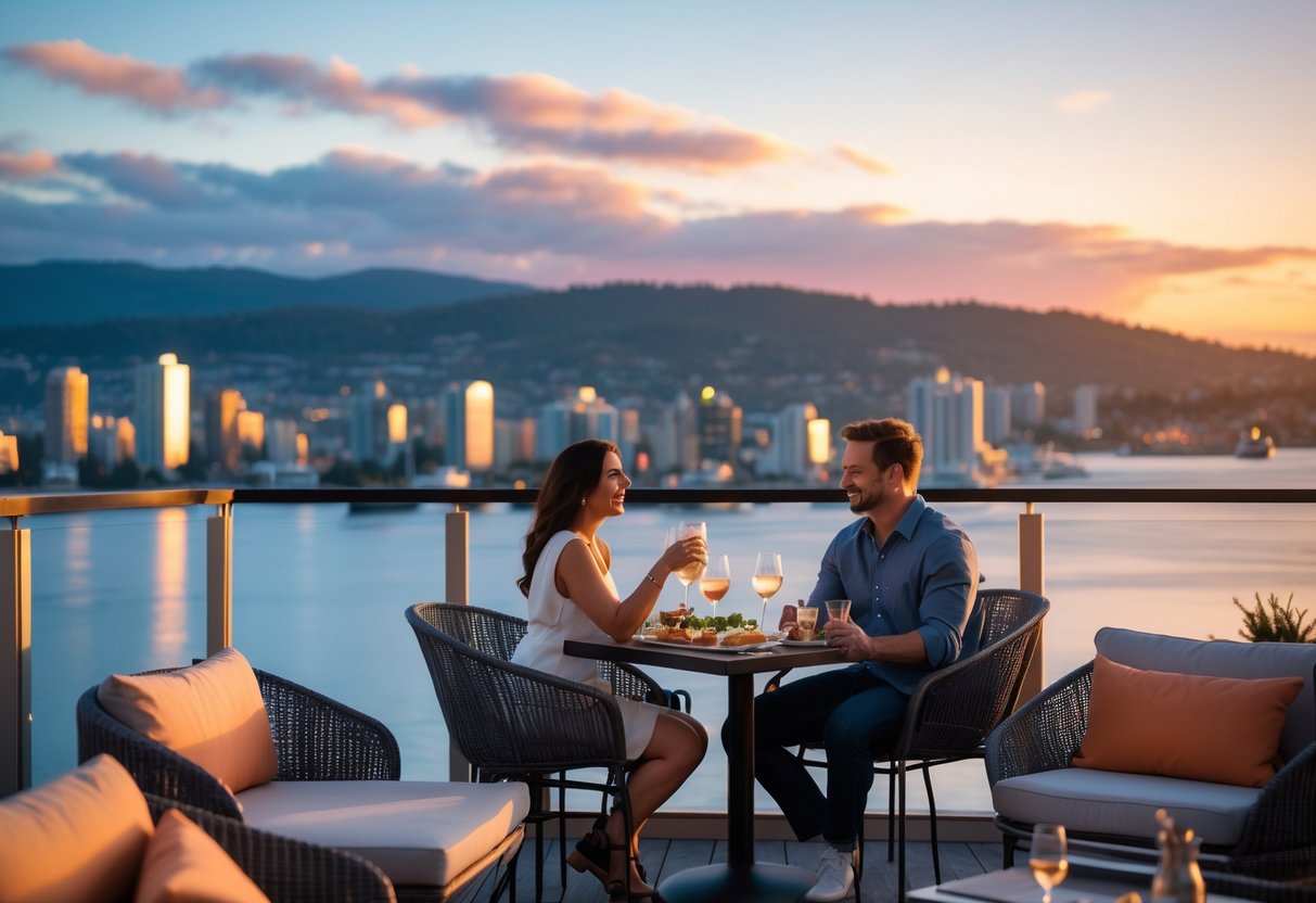 A couple sitting at a rooftop lounge table enjoying a sunset view over a city and harbor.