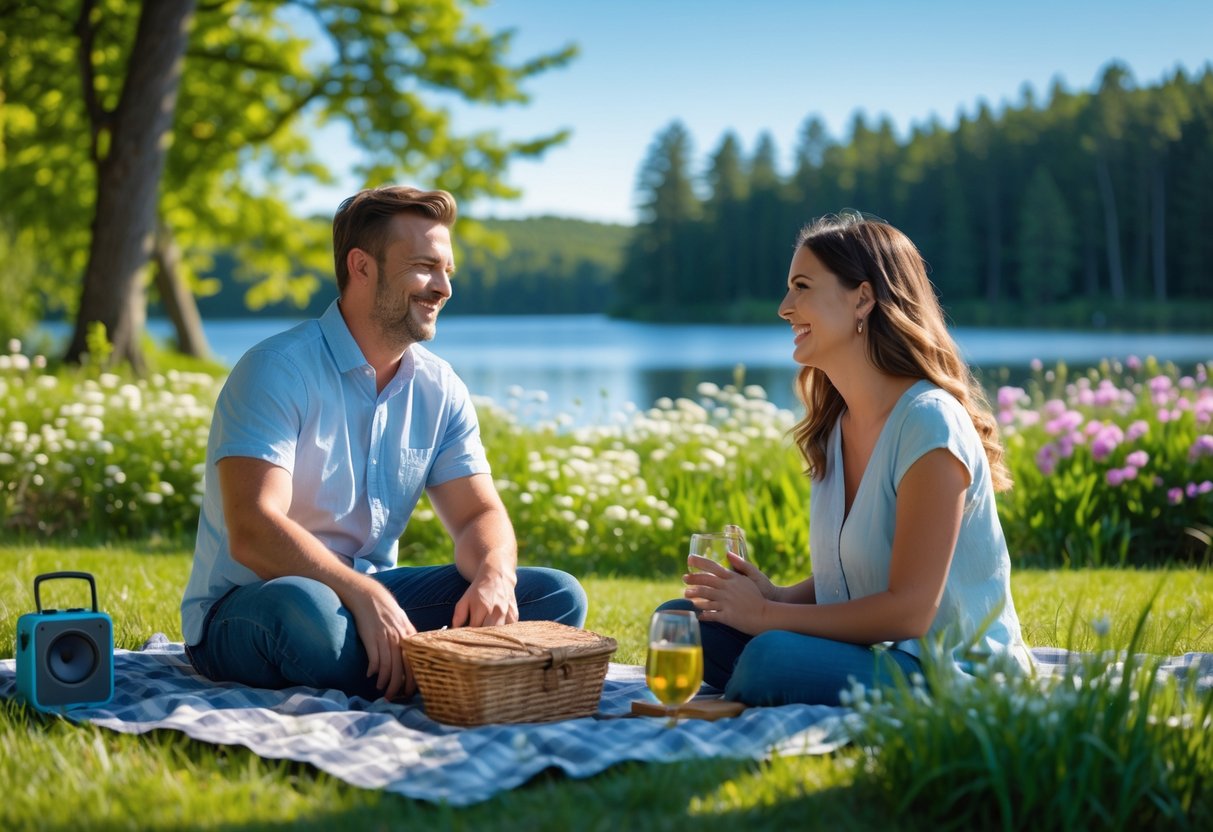 A couple sitting on a picnic blanket in a park, smiling and talking with trees and a lake in the background.