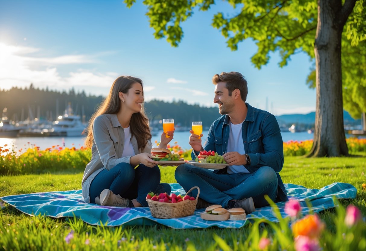 A young couple enjoying a picnic at a waterfront park with boats in the harbor behind them.