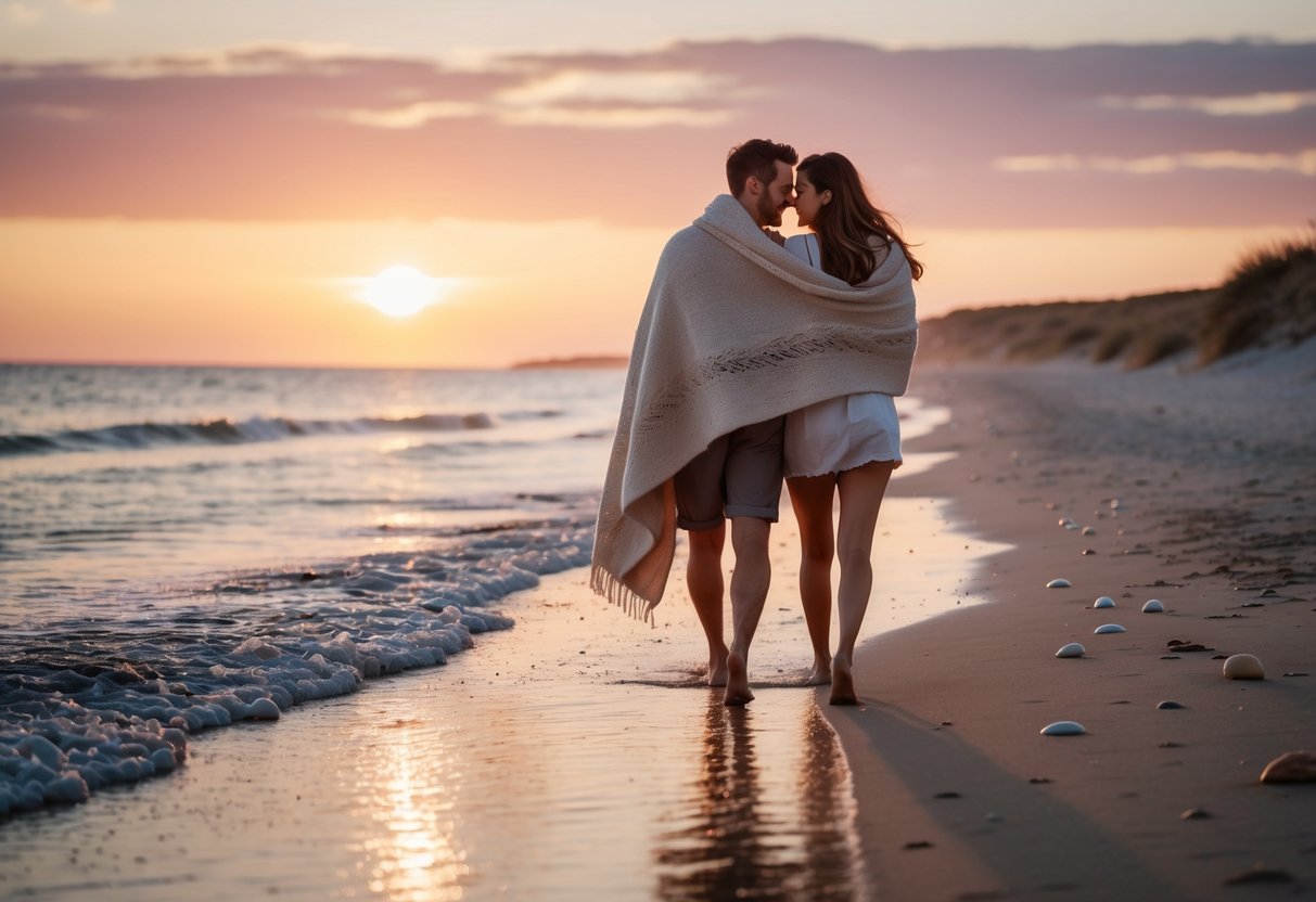 A couple walking barefoot on a beach at sunset, wrapped together in a cozy blanket.