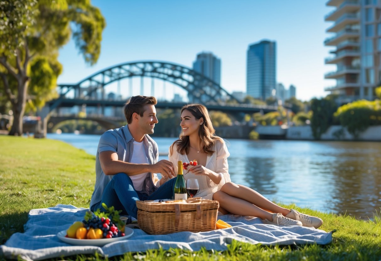 A young couple enjoying a picnic by a river with green trees and city buildings in the background.