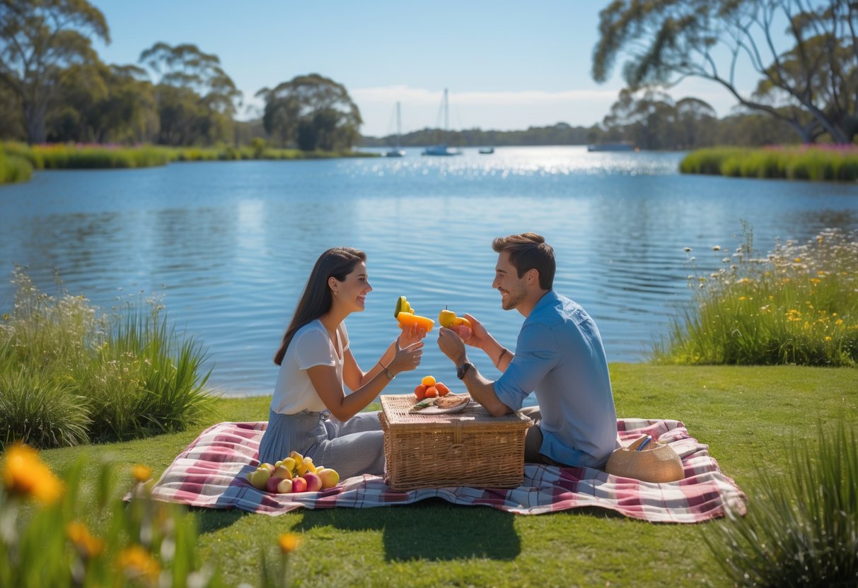 A couple having a picnic on a blanket by a lagoon surrounded by trees and grass.