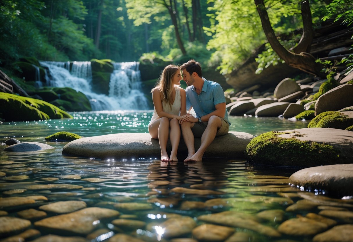 A couple sitting on rocks by a waterfall, dipping their feet in the water surrounded by green forest.
