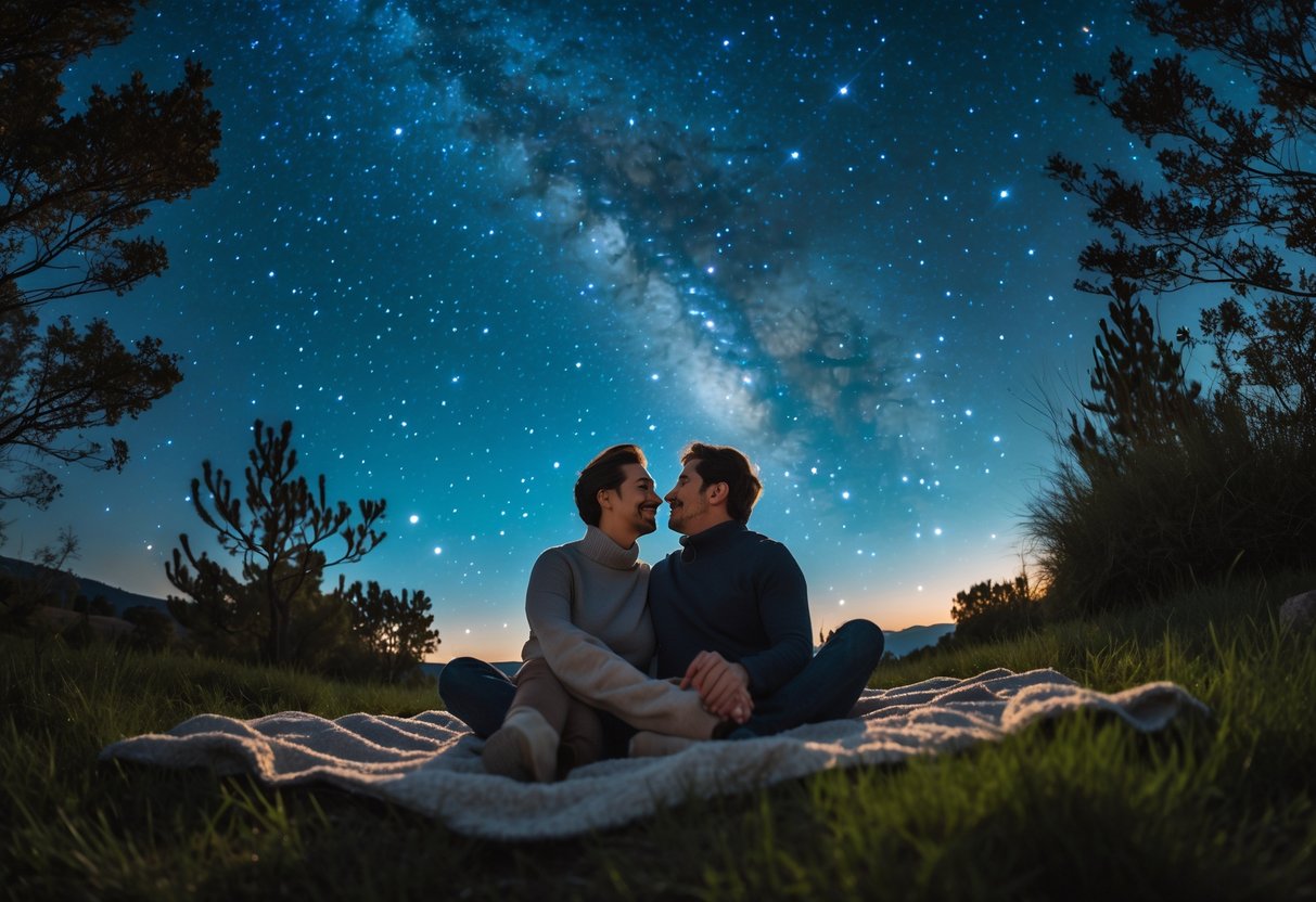 A couple sitting on a blanket outdoors at night, looking up at a star-filled sky.