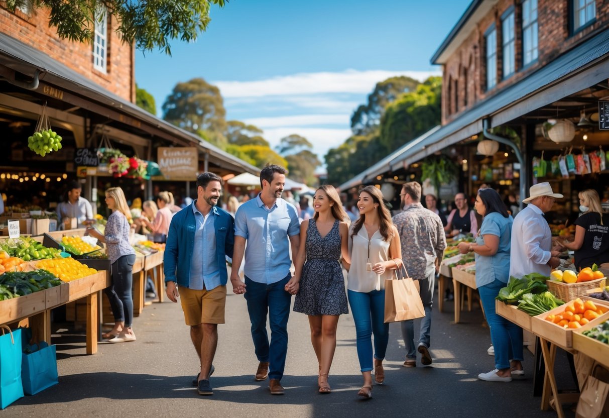 Couples walking and shopping at a busy outdoor market with heritage buildings and greenery in the background.