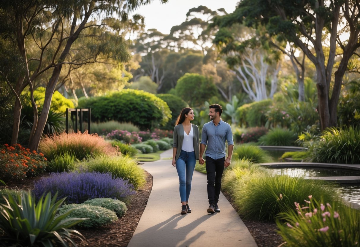 A young couple walking hand-in-hand along a garden path surrounded by lush plants and trees in a botanical garden.