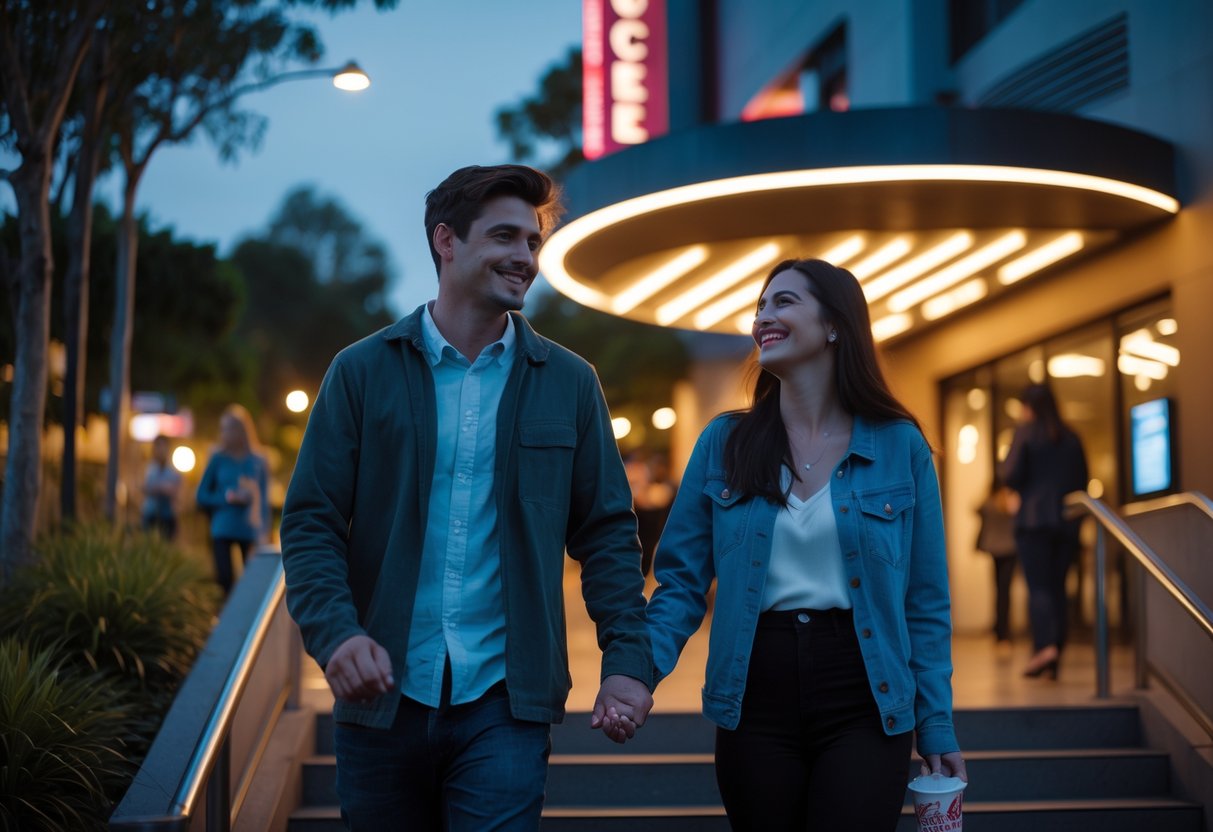 A young couple holding hands and walking into a cinema at dusk, surrounded by other moviegoers.