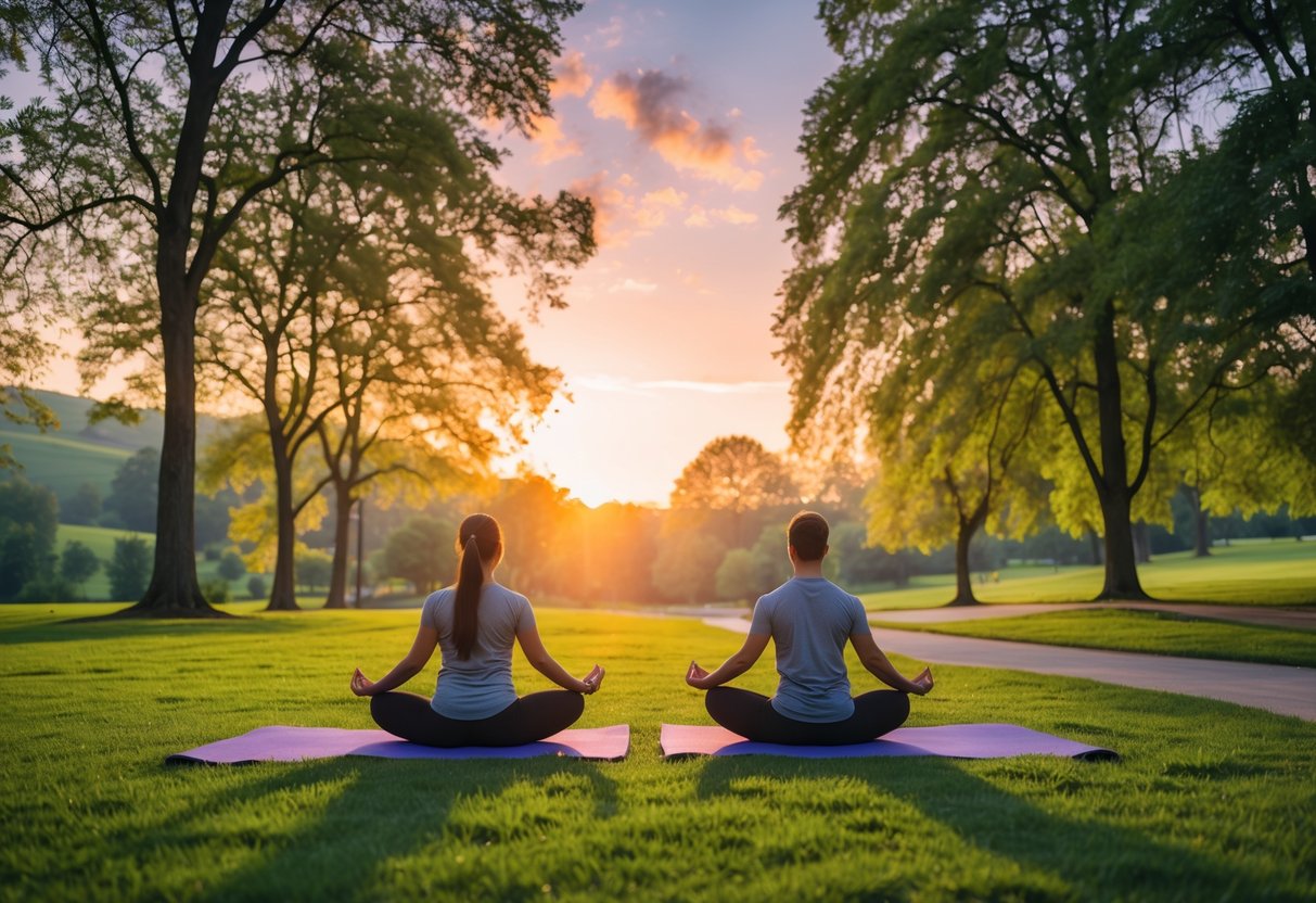 A couple practicing yoga together on mats in a peaceful park at sunrise surrounded by trees and greenery.