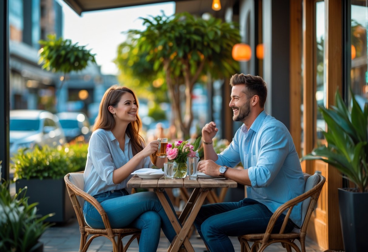 A young couple enjoying an outdoor meal together at a cozy cafe surrounded by plants and natural light.