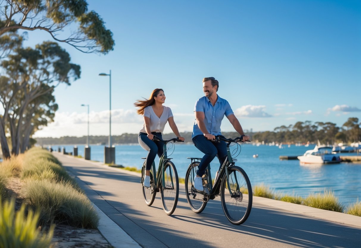 A couple riding bicycles along a paved coastal path with trees and water in the background on a sunny day.