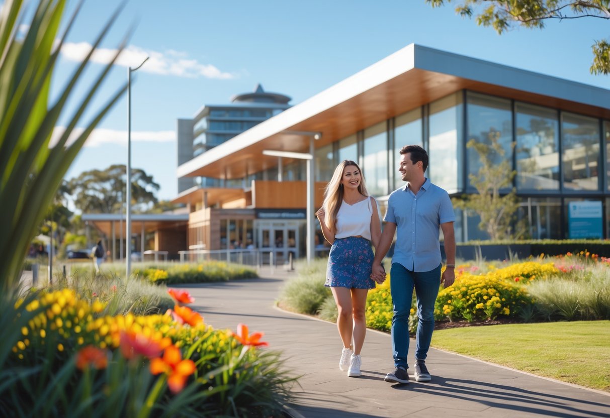 A young couple walking and talking outside a modern cultural centre surrounded by greenery on a sunny day.