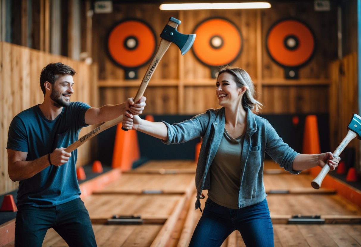 A young couple enjoying axe throwing together at an indoor venue with wooden targets.