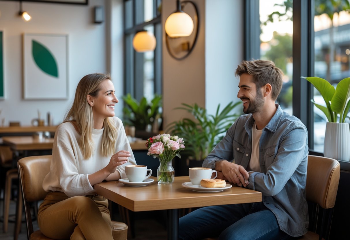 A young couple enjoying coffee together at a small table inside a bright and cozy café.