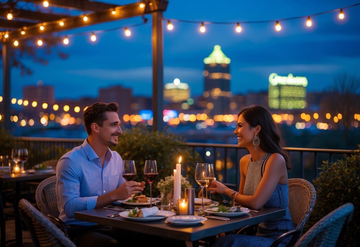 A young couple enjoying a romantic outdoor dinner at a restaurant patio with string lights and greenery, with a cityscape visible in the background.