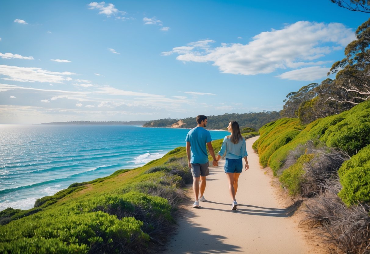 A couple walking hand-in-hand along a coastal trail surrounded by green vegetation with blue water and sky in the background.