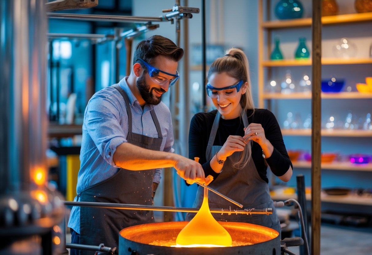 A couple working together in a glass blowing workshop, shaping molten glass with tools near a glowing furnace.
