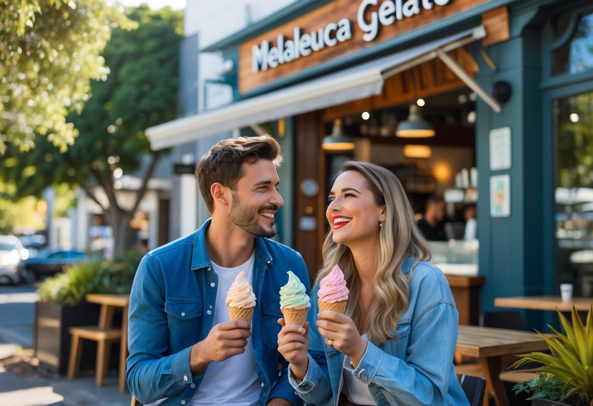 A young couple enjoying ice cream cones outside a gelato shop on a sunny street with greenery around.
