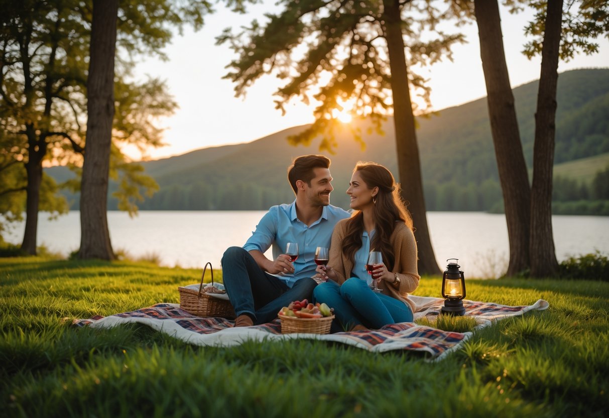 A young couple enjoying a picnic together outdoors near a lake surrounded by trees during sunset.
