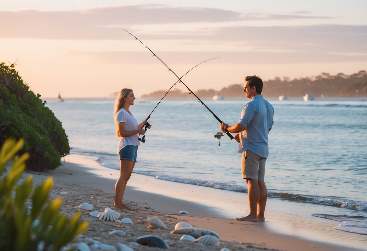 A couple fishing together on the sandy shore of Scarborough Beach at sunset with calm ocean waves and coastal vegetation in the background.