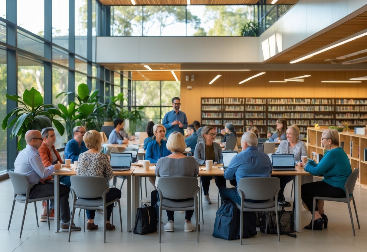 People attending a workshop in a bright library with bookshelves and large windows.