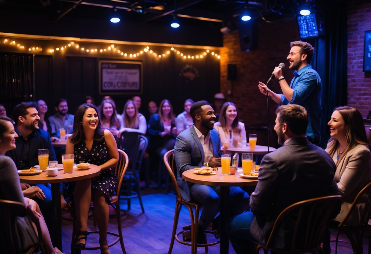 Couples and friends enjoying a comedy show at a cozy club with a comedian performing on stage.