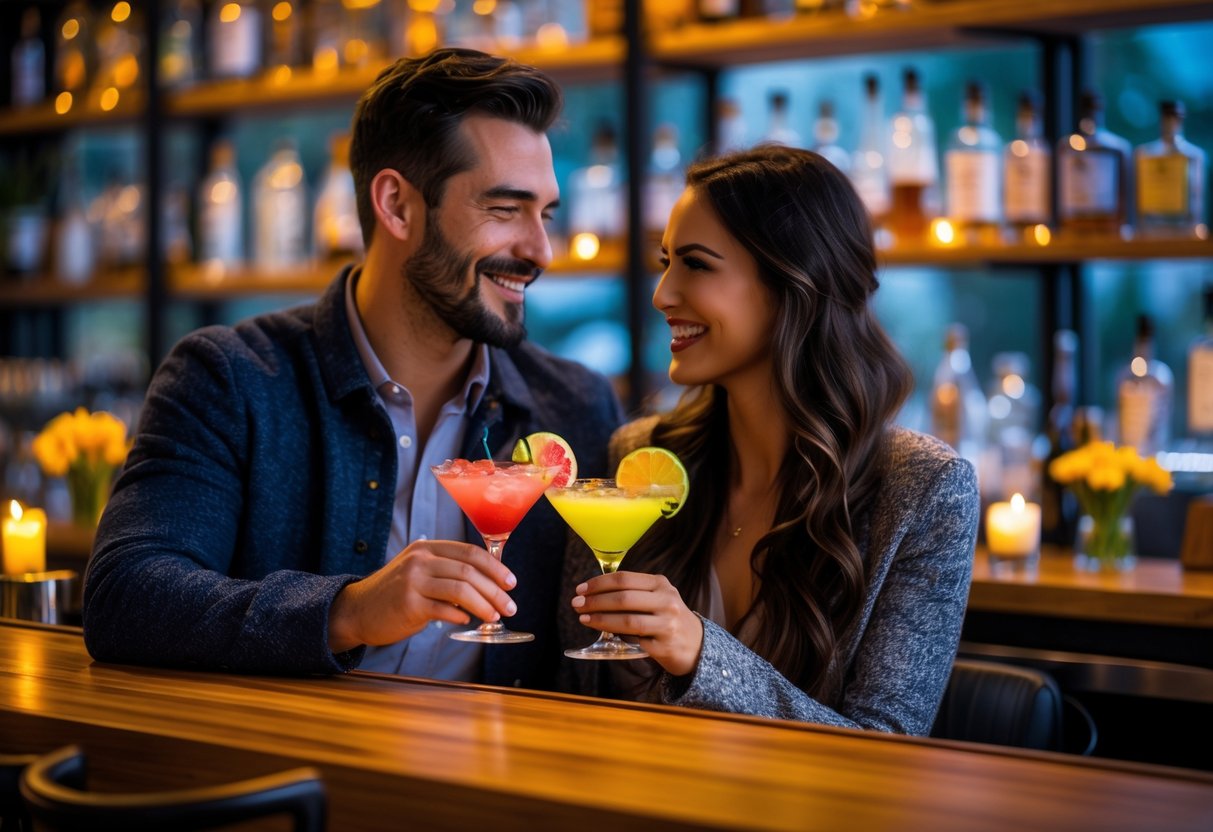 A couple enjoying colorful cocktails together at a cozy, warmly lit bar.