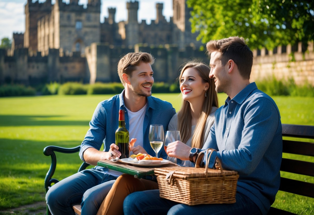 A young couple enjoying a picnic near Nottingham Castle surrounded by greenery.
