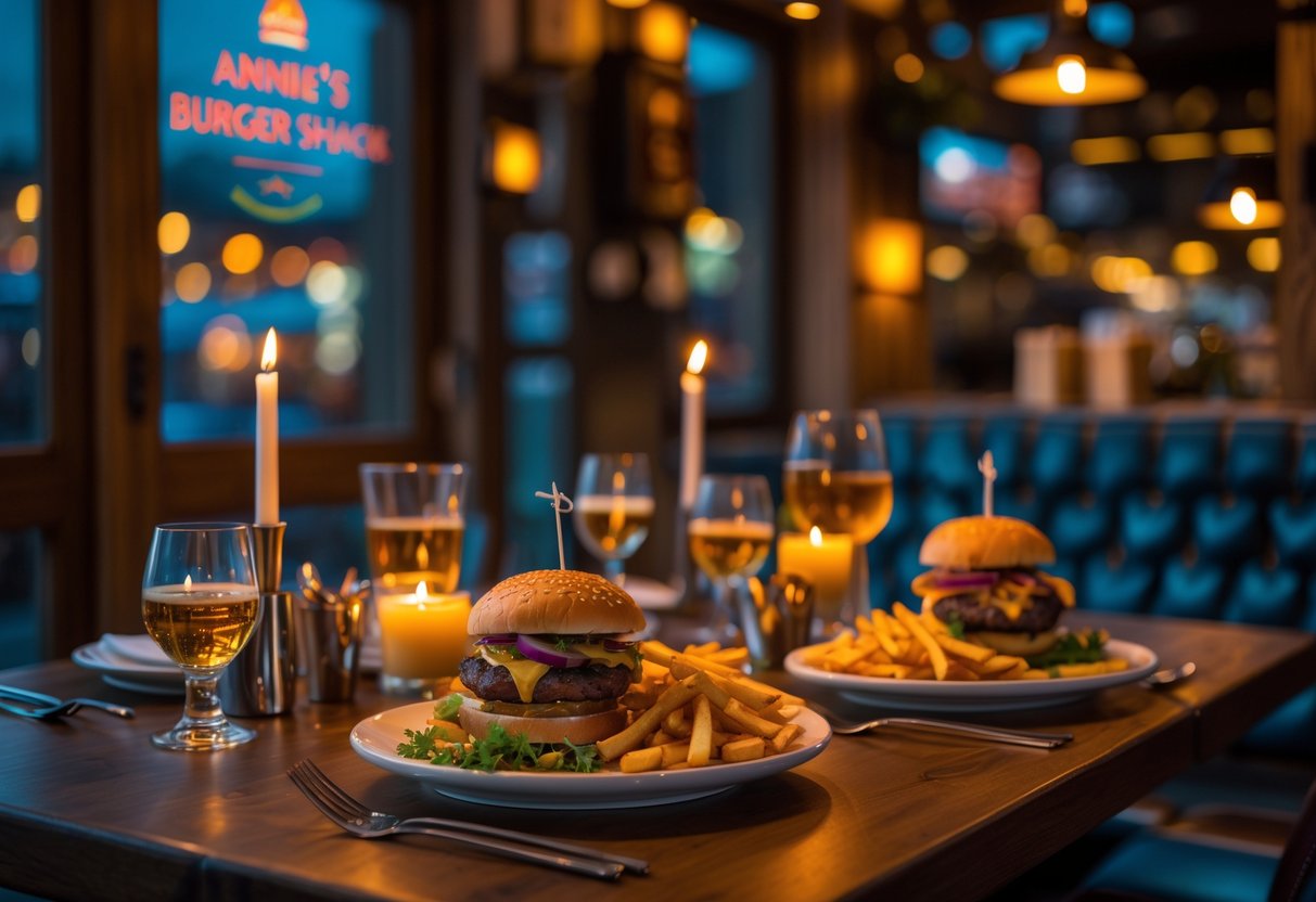 A candlelit dinner table for two with burgers and drinks in a cozy restaurant setting.