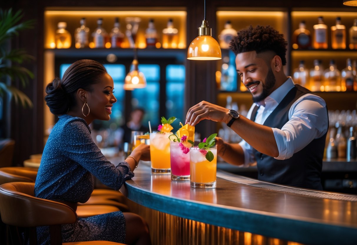 A couple enjoying cocktails at a stylish bar with a bartender preparing drinks in a cozy, warmly lit setting.