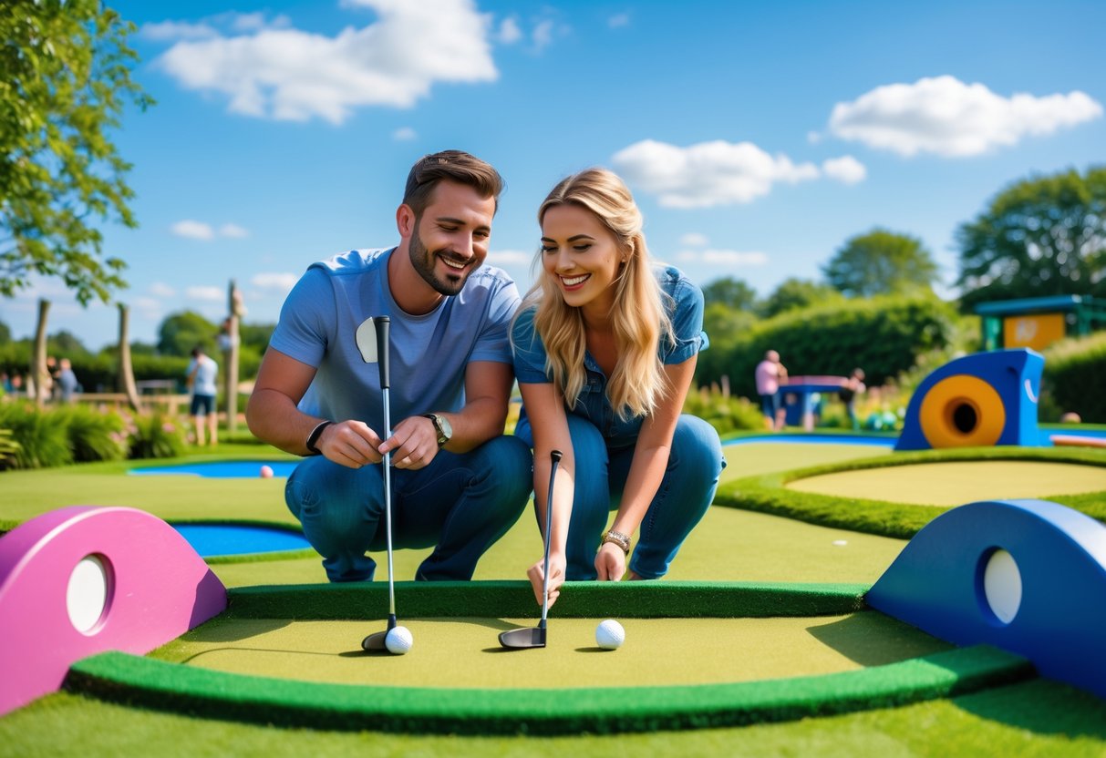 A couple playing crazy golf outdoors at Rowlatts Park Adventure Golf on a sunny day.
