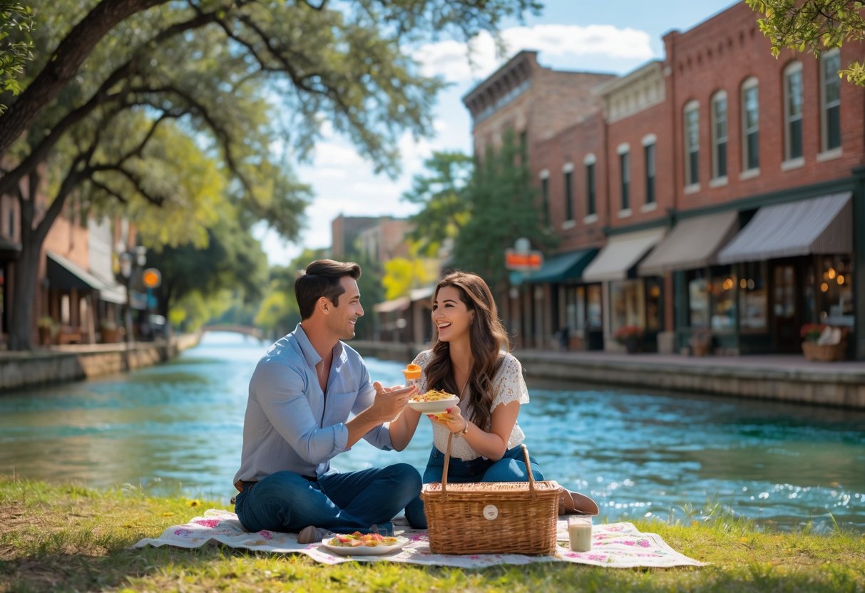 A young couple enjoying a picnic by a river with trees and historic buildings in the background.