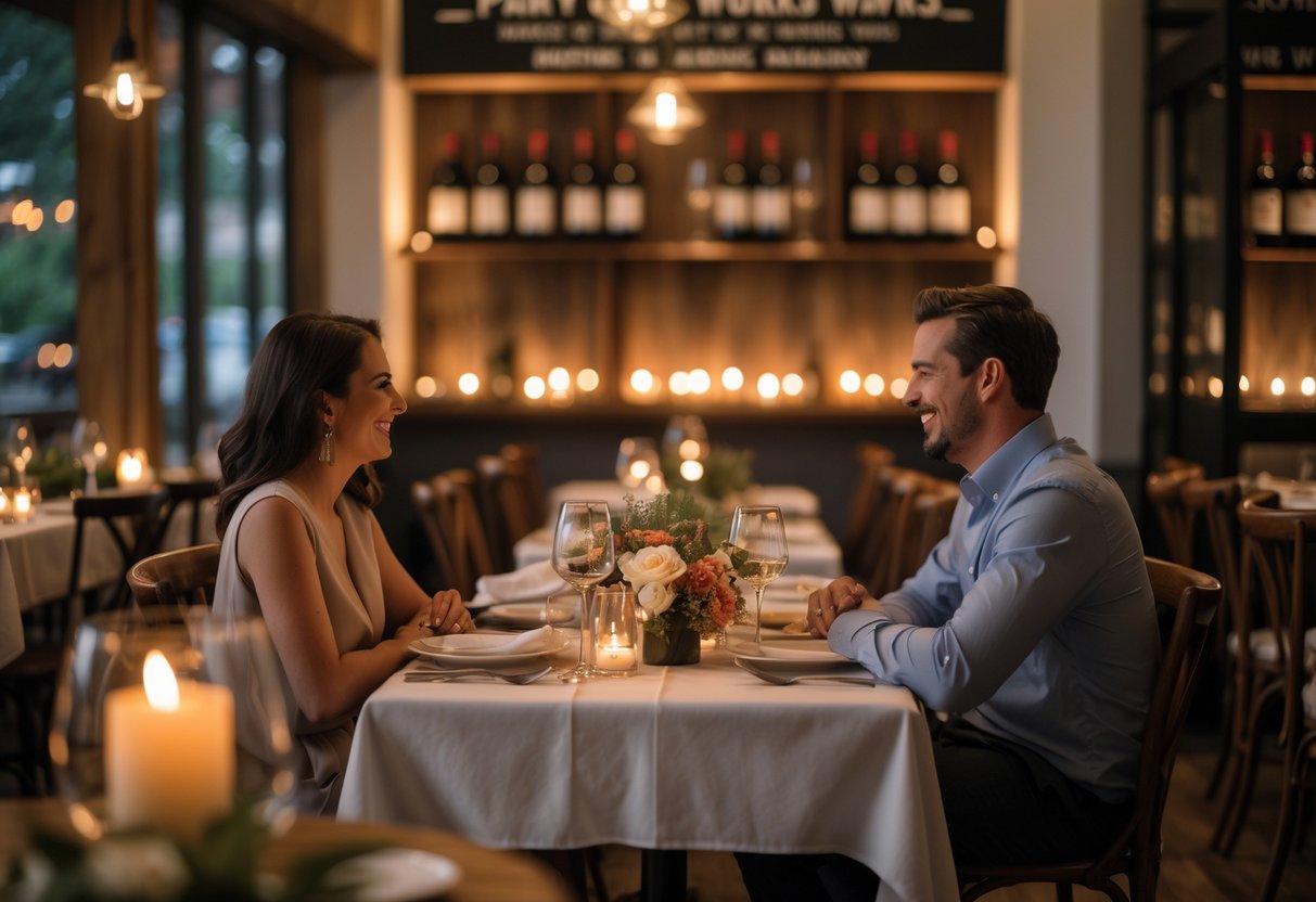 A couple enjoying a romantic dinner together at a cozy bistro table with candles and flowers.