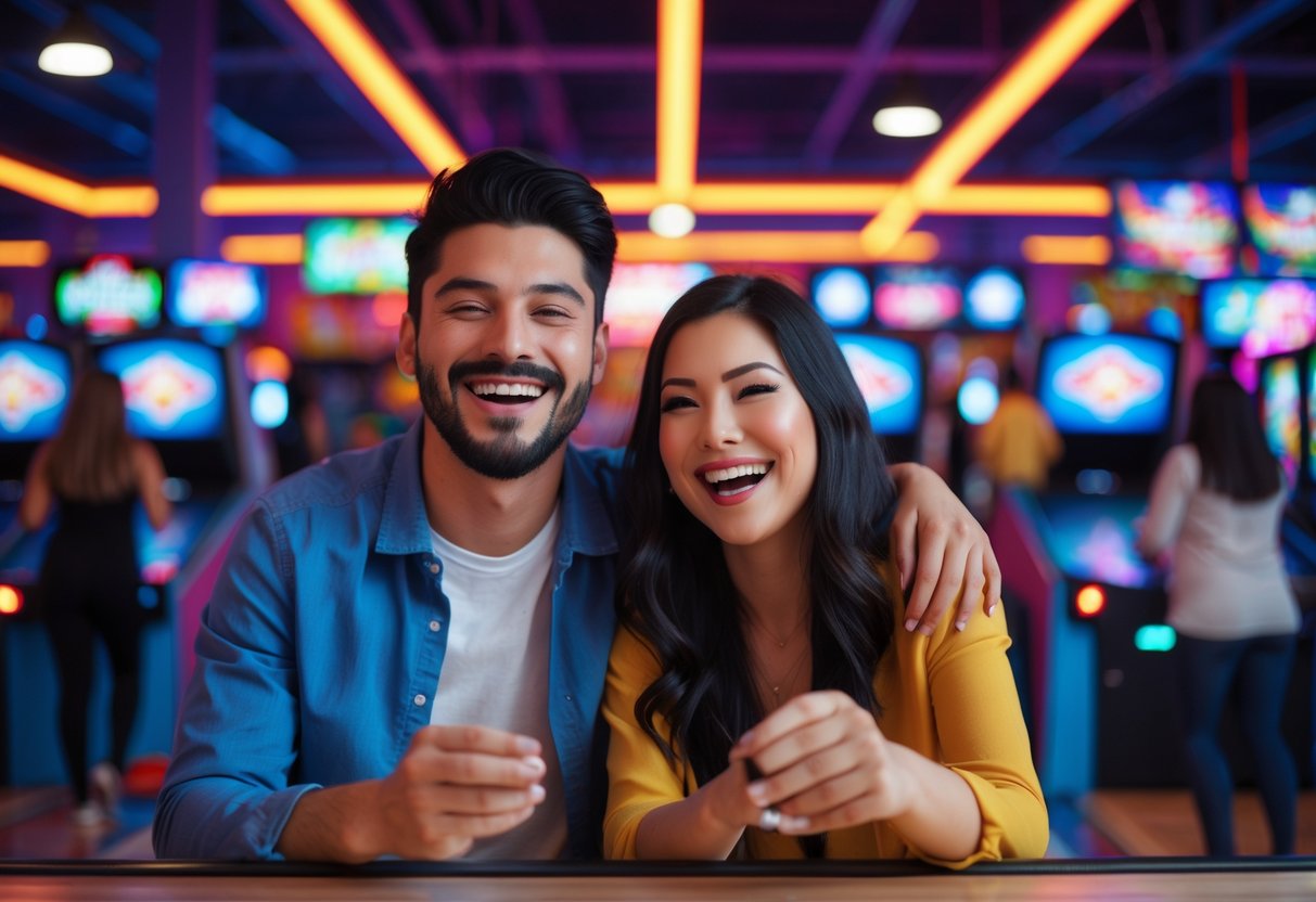 A couple enjoying a fun date night at an arcade with colorful lights and gaming machines around them.