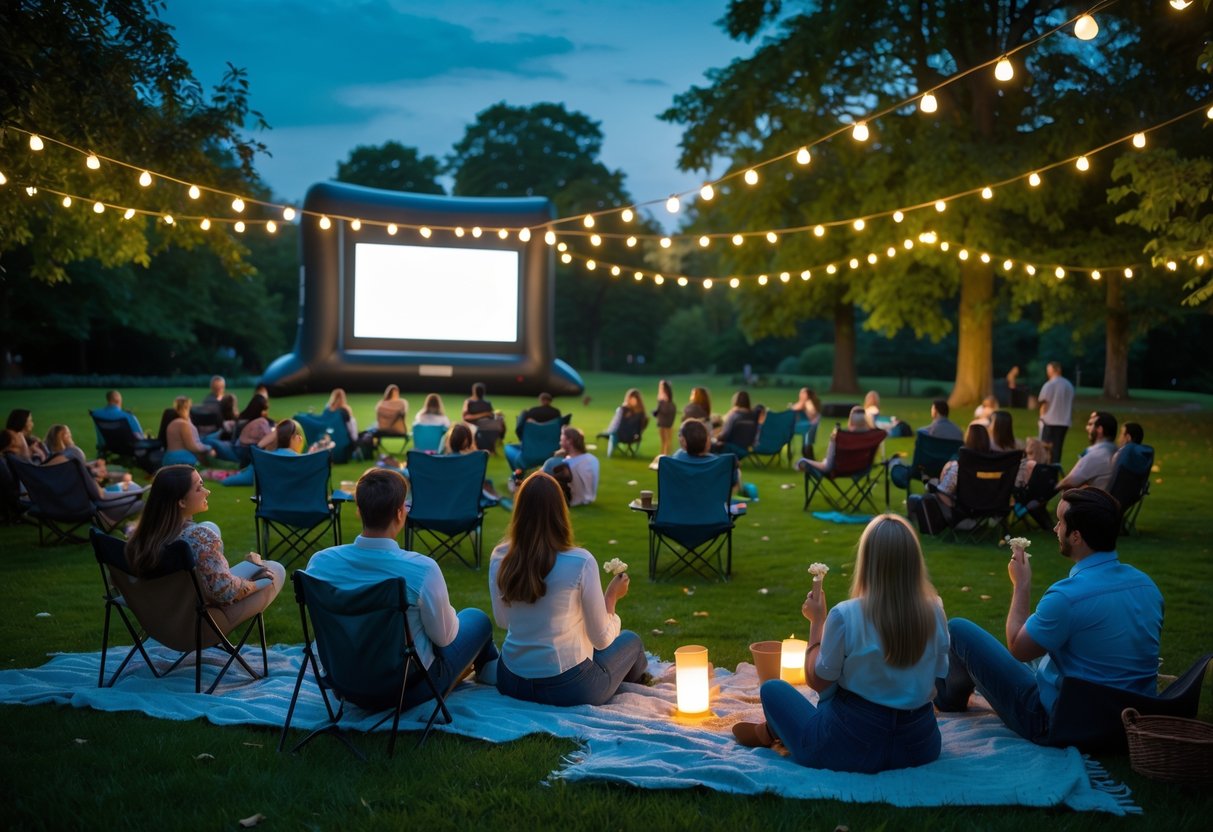 People sitting on blankets and chairs watching a movie on a large outdoor screen in a park at dusk.