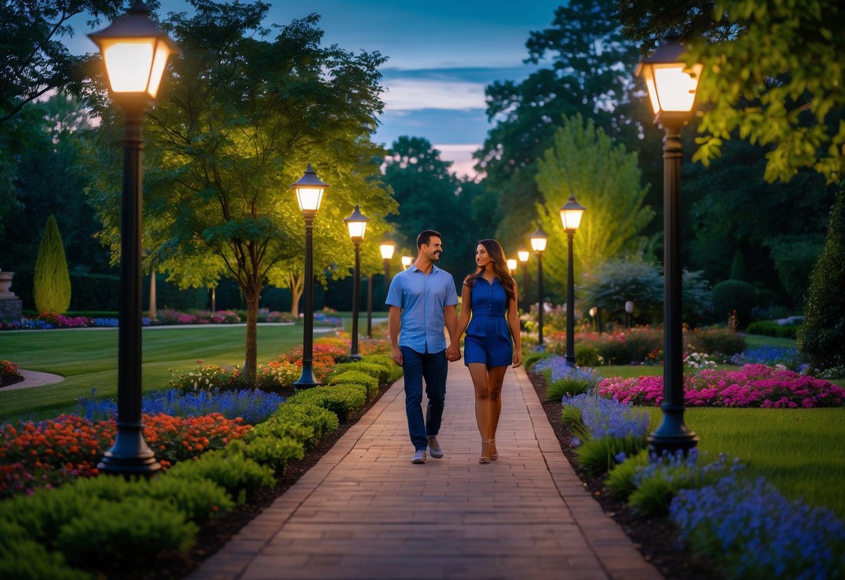 A young couple walking hand-in-hand along a garden path lined with trees and flowers during evening at Tanger Family Bicentennial Garden.