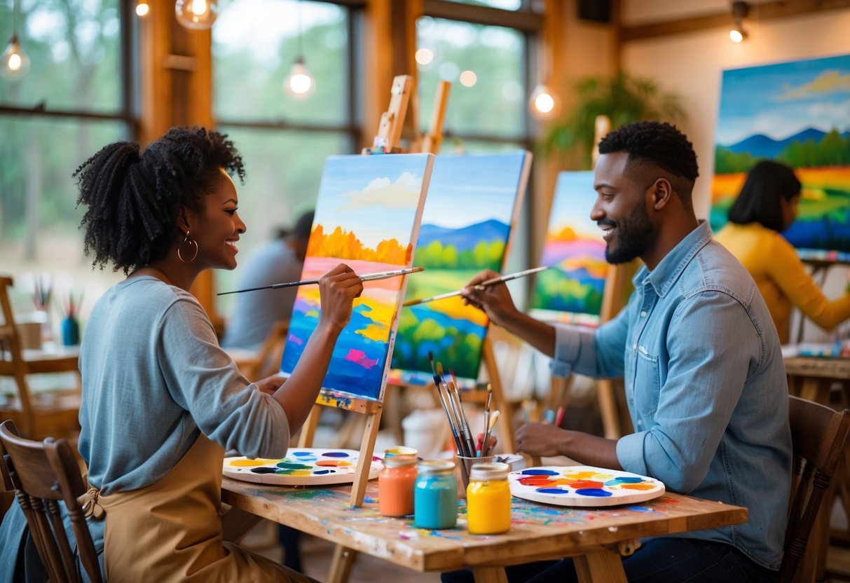 A couple painting together in an art studio during a painting class, surrounded by art supplies and other couples painting.