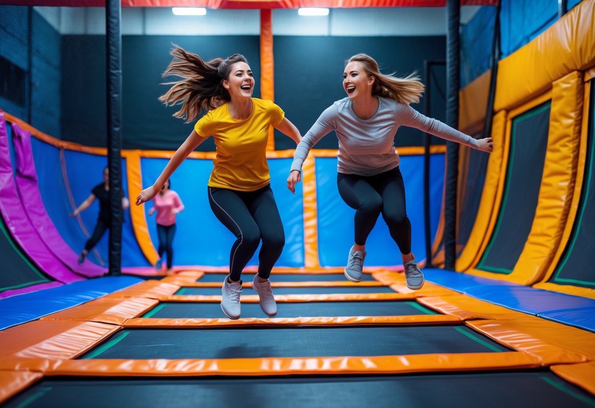 A young couple jumping and having fun on trampolines inside an indoor trampoline park.