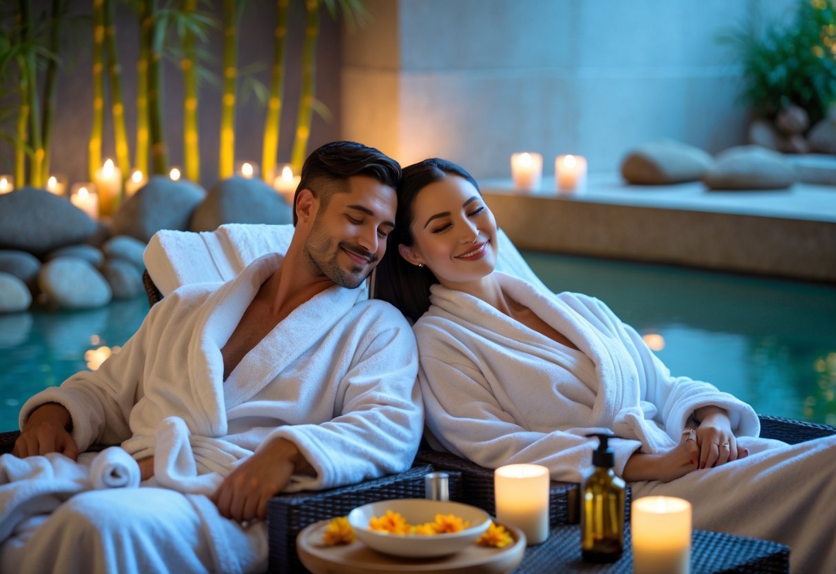 A couple wearing white robes relaxing together on lounge chairs near an indoor pool surrounded by spa elements like candles and plants.