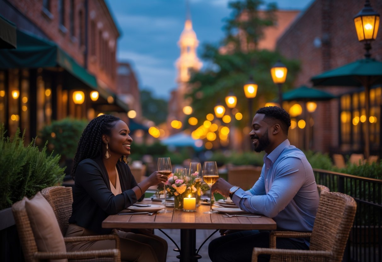 A couple enjoying a romantic outdoor dinner at a warmly lit restaurant patio in Greensboro at night.
