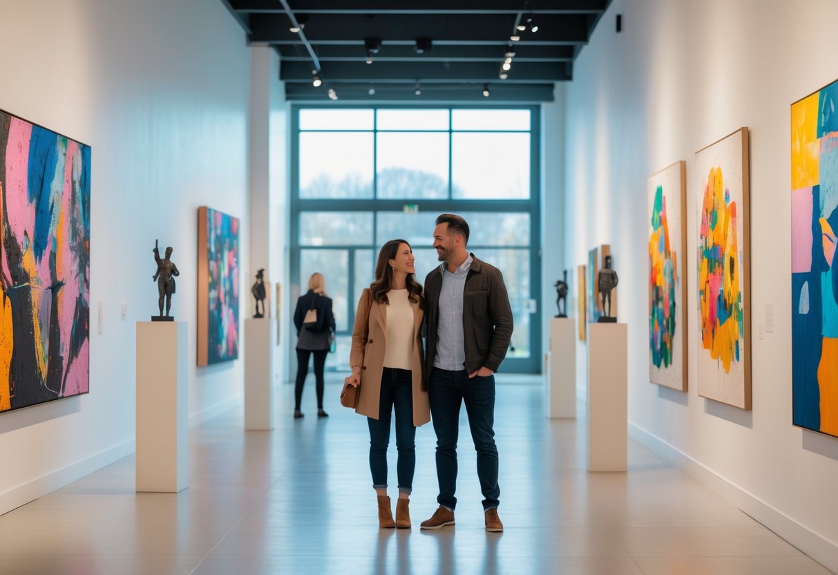 A couple looking at contemporary artwork inside a bright and spacious art gallery.