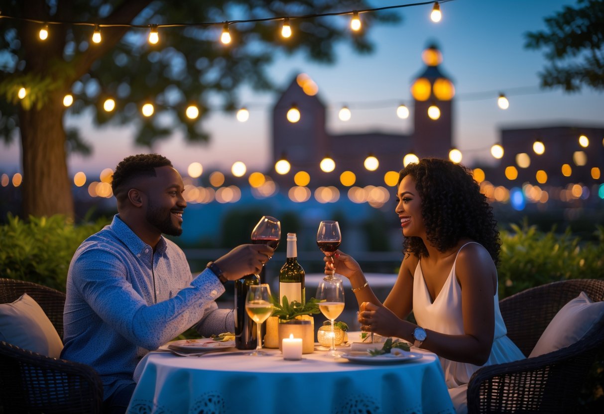A couple enjoying a romantic outdoor dinner at dusk with city lights and greenery in the background.