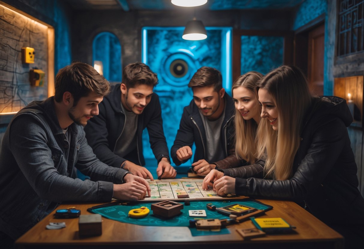 A group of young adults working together to solve puzzles in a dimly lit escape room filled with mystery-themed decorations and props.
