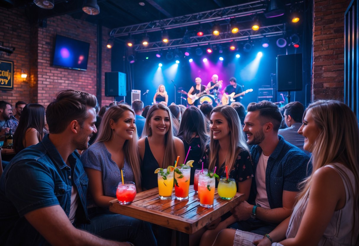 People enjoying live music and drinks at a crowded music venue with a band performing on stage.