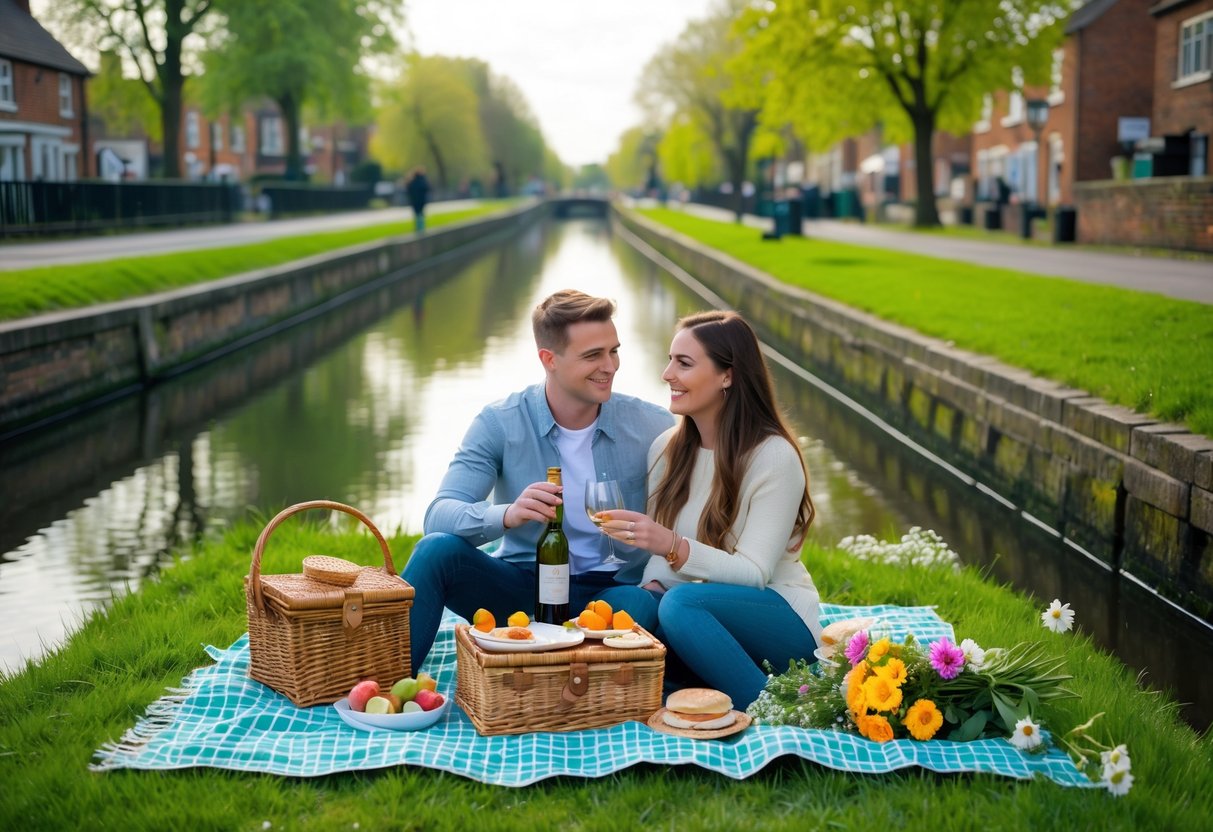A couple having a picnic by a calm canal in Beeston, Nottingham, surrounded by green trees and buildings.