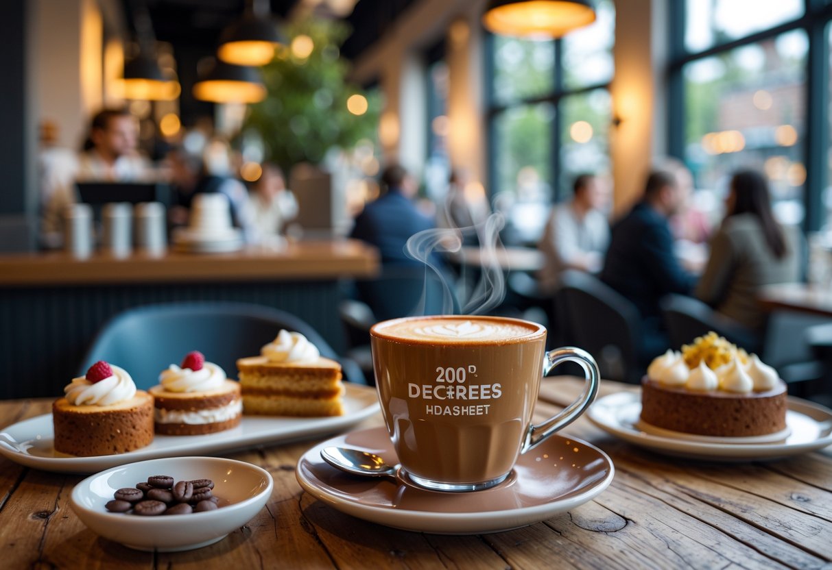 A cup of coffee and plates of cakes on a wooden table inside a cozy café with people in the background.