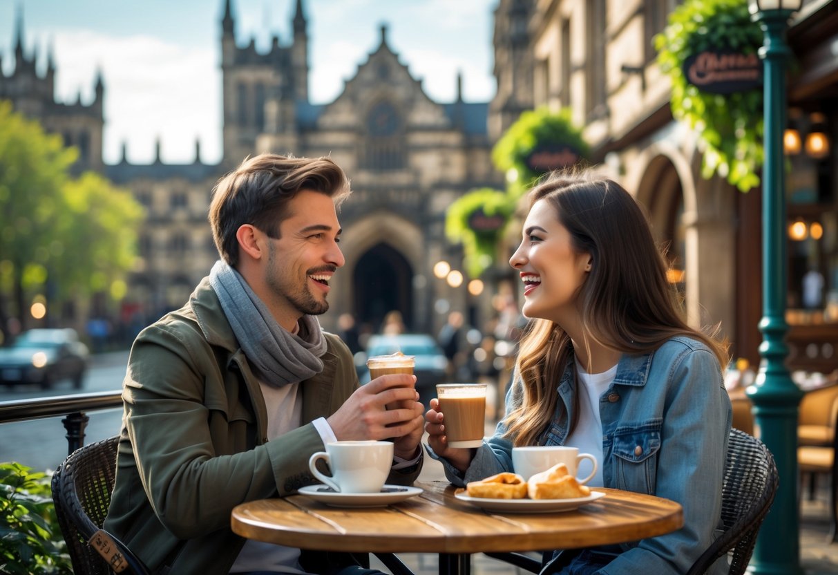 A young couple sitting and talking at an outdoor café with Nottingham Castle visible in the background on a sunny day.