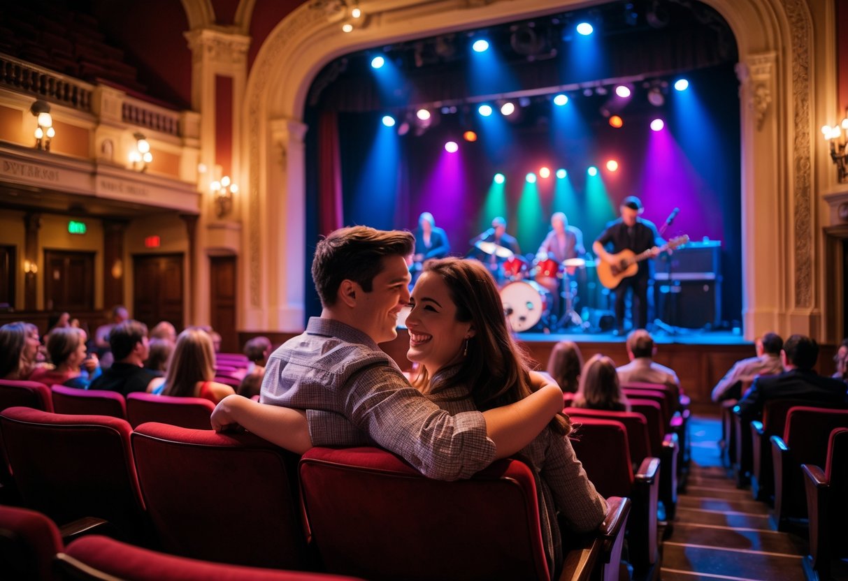 A couple enjoying a live music performance inside a historic theatre with warm lighting and musicians on stage.