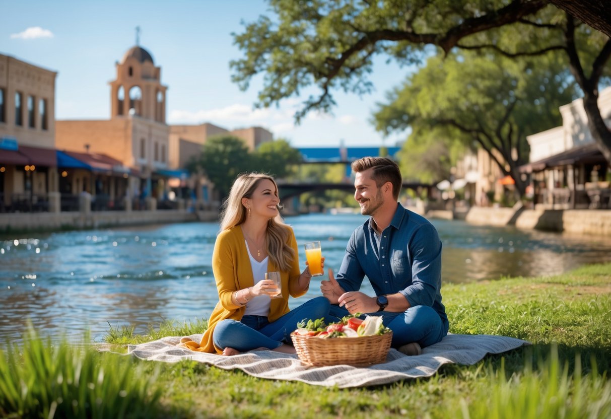 A couple enjoying a picnic by the Guadalupe River in New Braunfels with trees and historic buildings in the background.