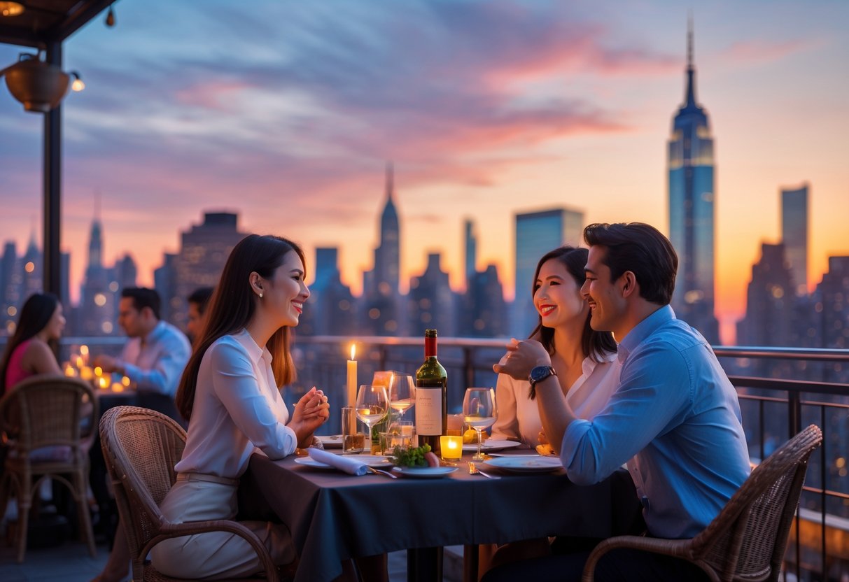 A young couple enjoying a romantic rooftop dinner with a view of the New York City skyline at sunset.