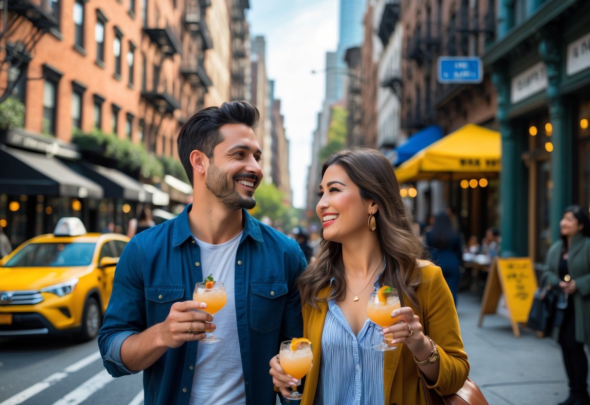 A couple walking together on a busy New York City street, holding drinks and smiling.